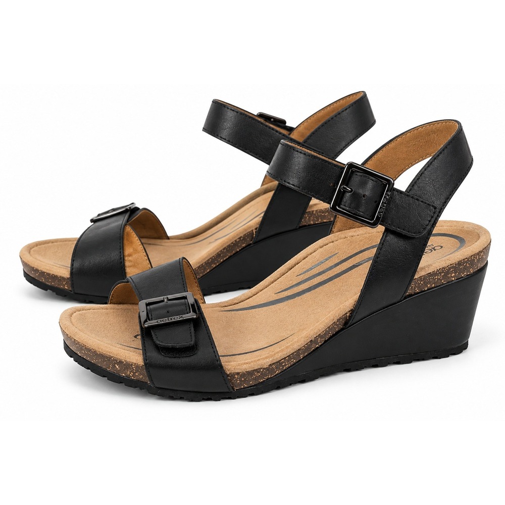 Aetrex Naomi Black Leather Wedge Sandals Arch Support EW8200W US 8.5 EU 39 NEW